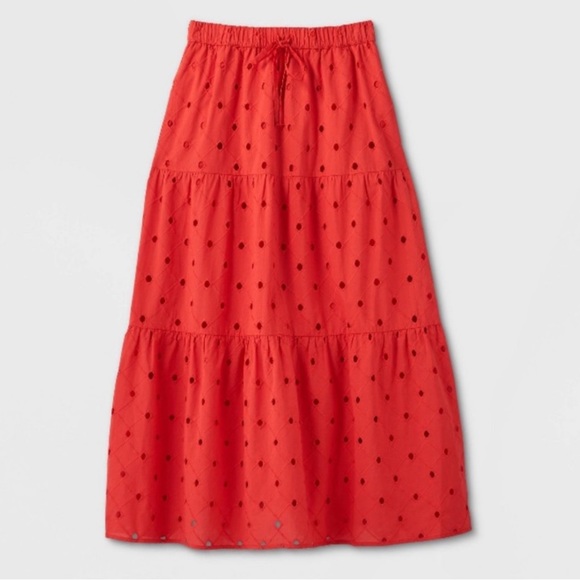a new day Dresses & Skirts - A New Day Boho Tiered Eyelet Drawstring A Line Flared Midi Skirt Bright Red